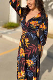 Vlovelaw Stitching Flower Picture Double V-neck Midi Dress