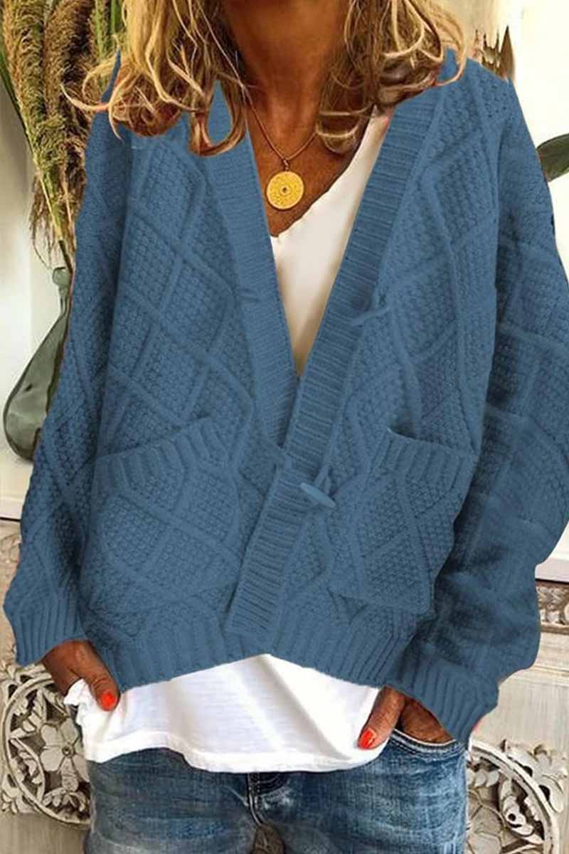 Vlovelaw Solid Ribbed Horn Buckle Pockets Cardigan(4 Colors)