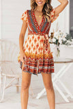 Vlovelaw Spring And Summer Fashion Retro V-Neck Print Short Sleeves Mini Dress