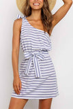 Vlovelaw Summer Sexy One-Shoulder Lace-Up Stripes Mini Dress