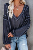 Vlovelaw Solid Color Pullover V-Neck Bubble Long Sleeves Tops(4 Colors)