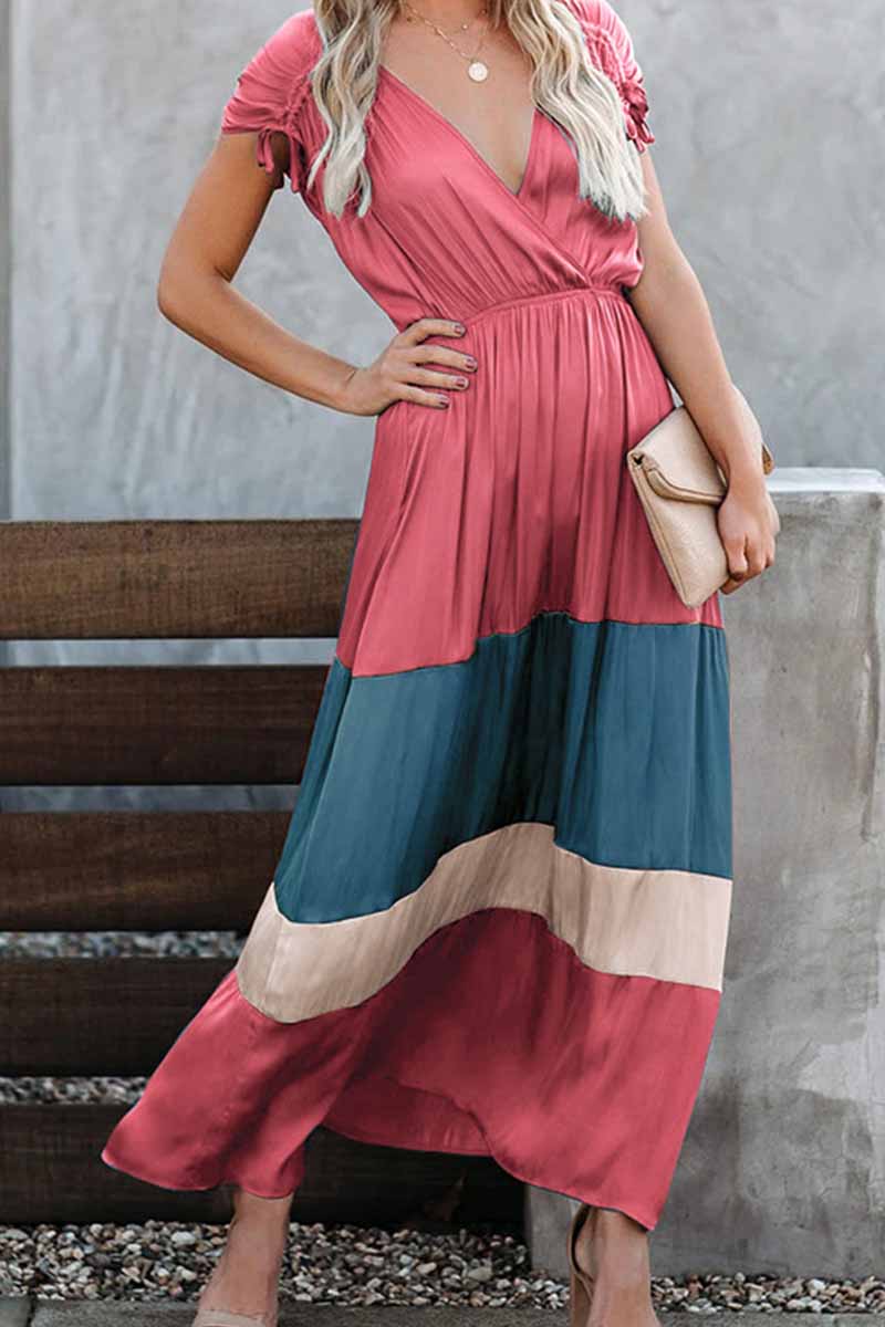 Vlovelaw Summer Loose Multicolor Stitching V-Neck Short Sleeves Midi Dress