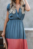 Vlovelaw Summer Loose Multicolor Stitching V-Neck Short Sleeves Midi Dress