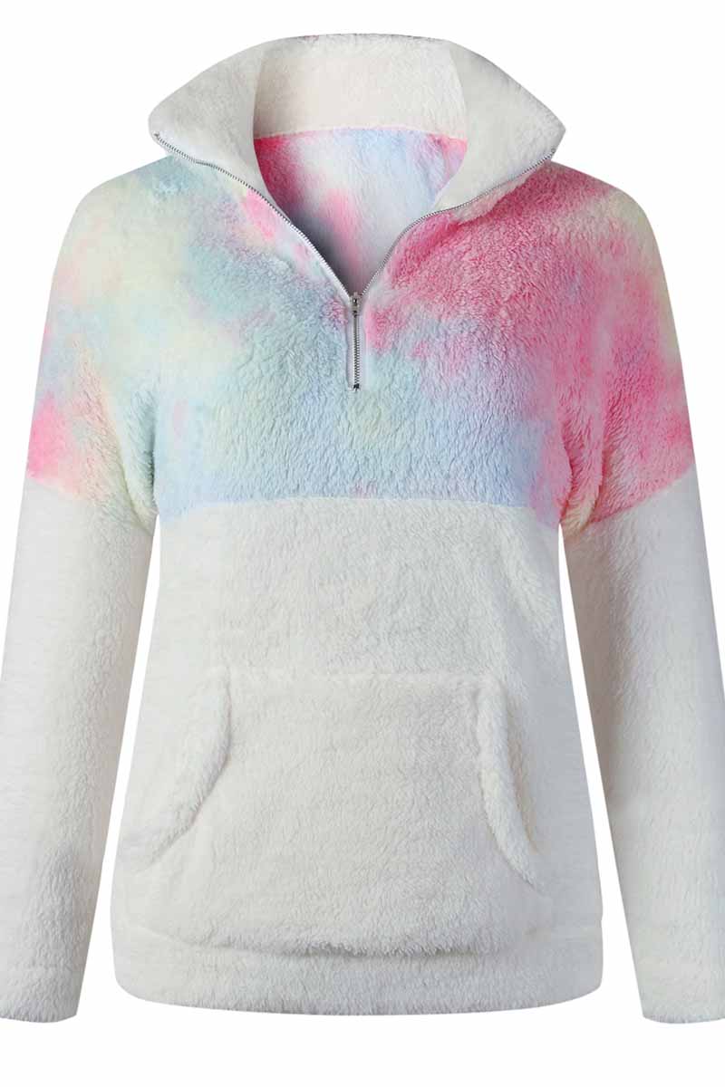 Vlovelaw Tie-dye Stitching Plush Top With Pockets