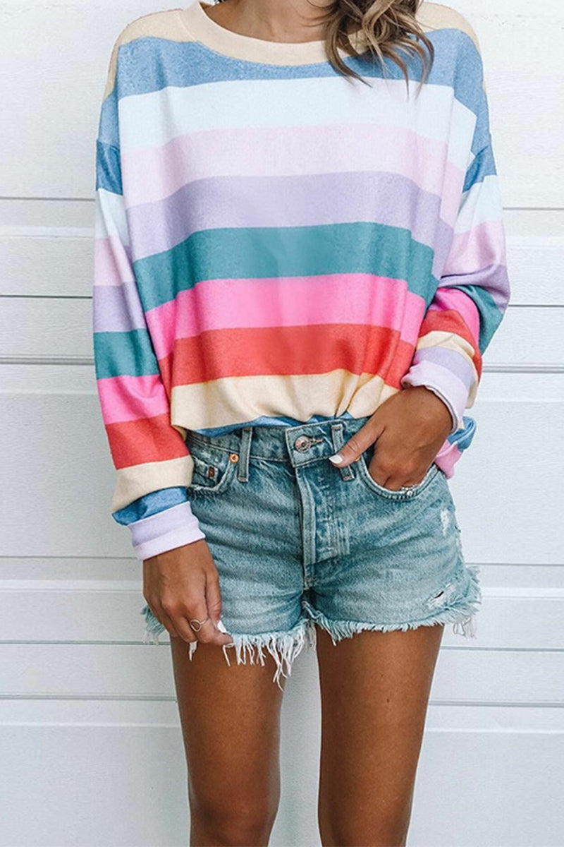 Vlovelaw Striped Tops Round Neck Long Sleeve Tops